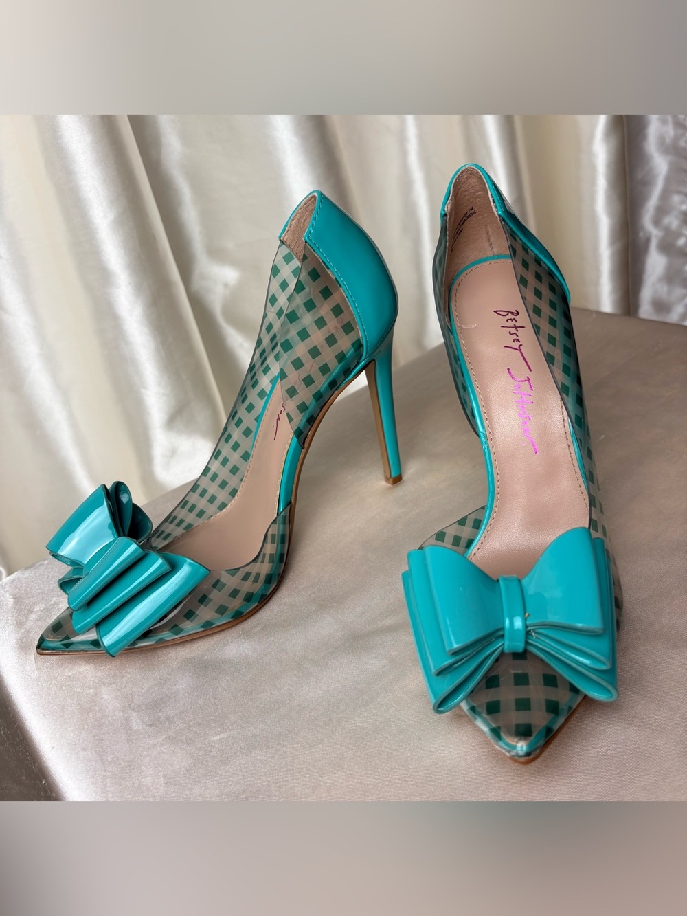 Betsey Johnson Teal Gingham & Clear Vinyl Heels - Picture 2 of 9
